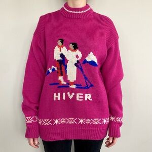 Vintage 100% wool handmade winter snow scene ski sweater. 🩷
